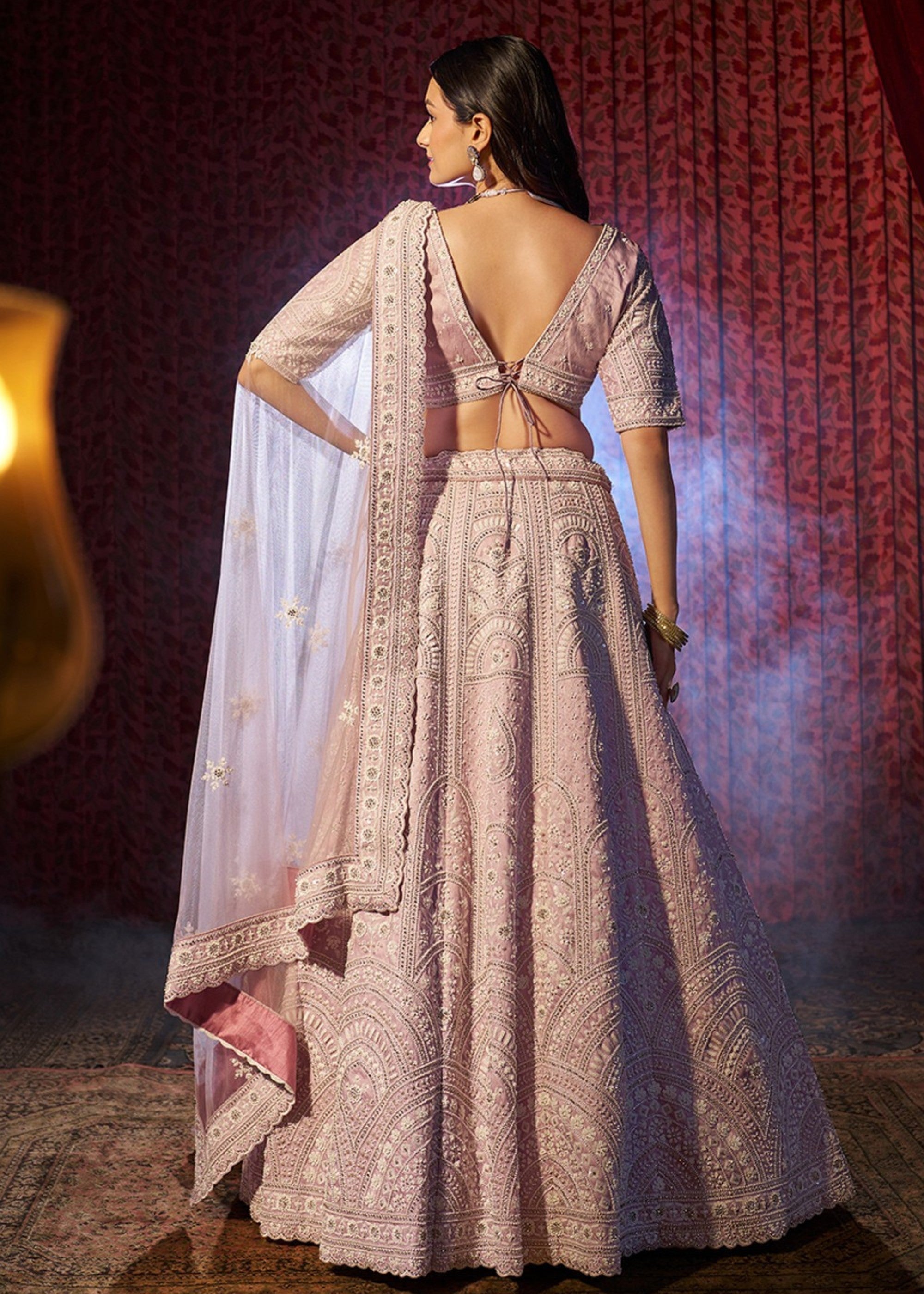 Lilac Thread Work Silk Lehenga | Ready To Wear - qivii