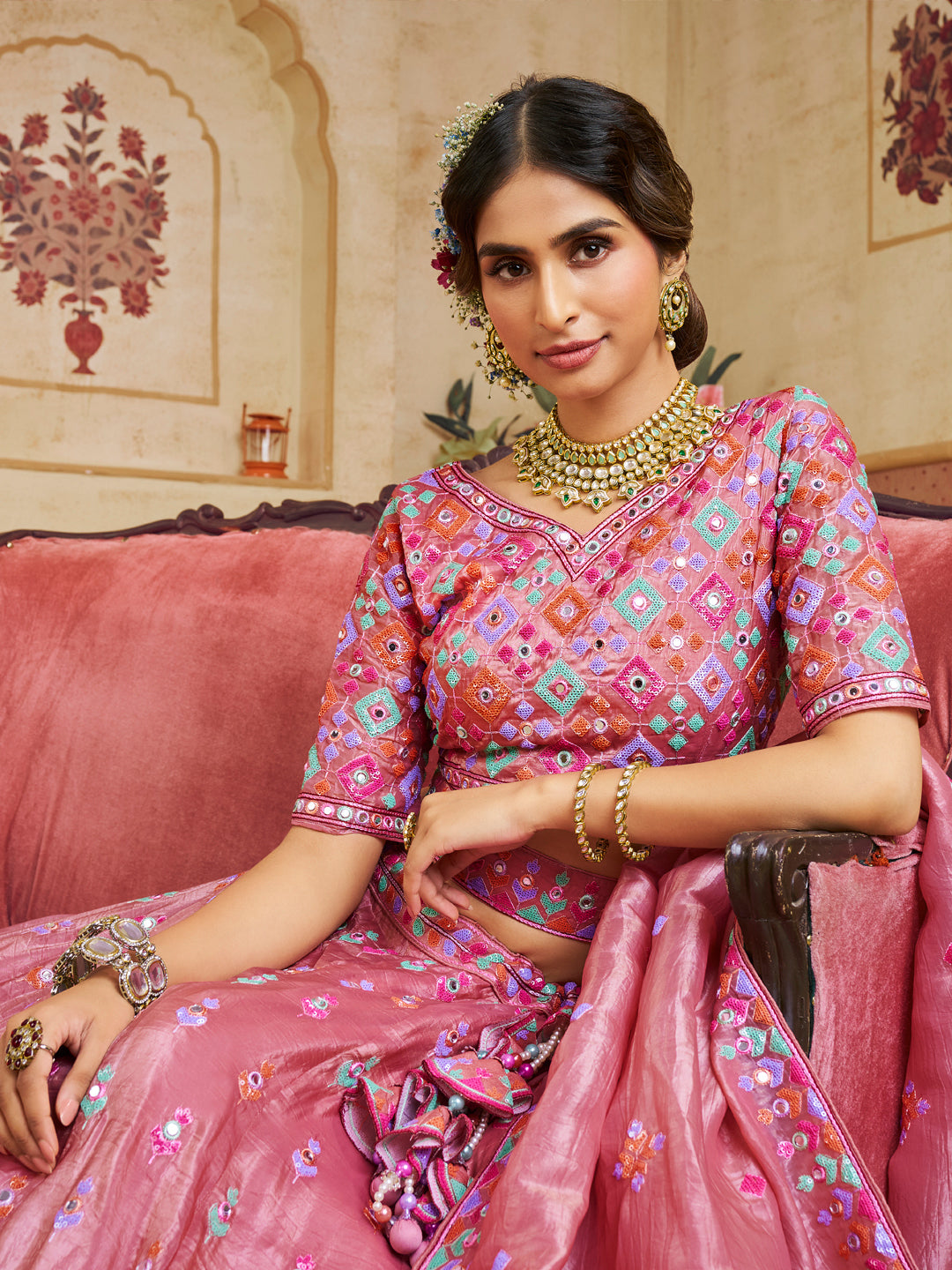 Pink Color Organza Fabric Sequins embroidery Lehenga choli & Dupatta - qivii