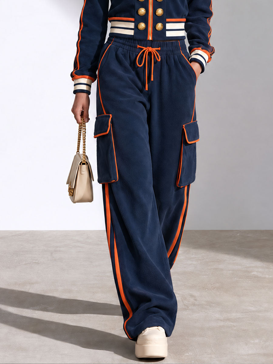 Sporty Retro Double-breasted Decorative Button-down Blue Jacket And Trousers Set - By Qivii