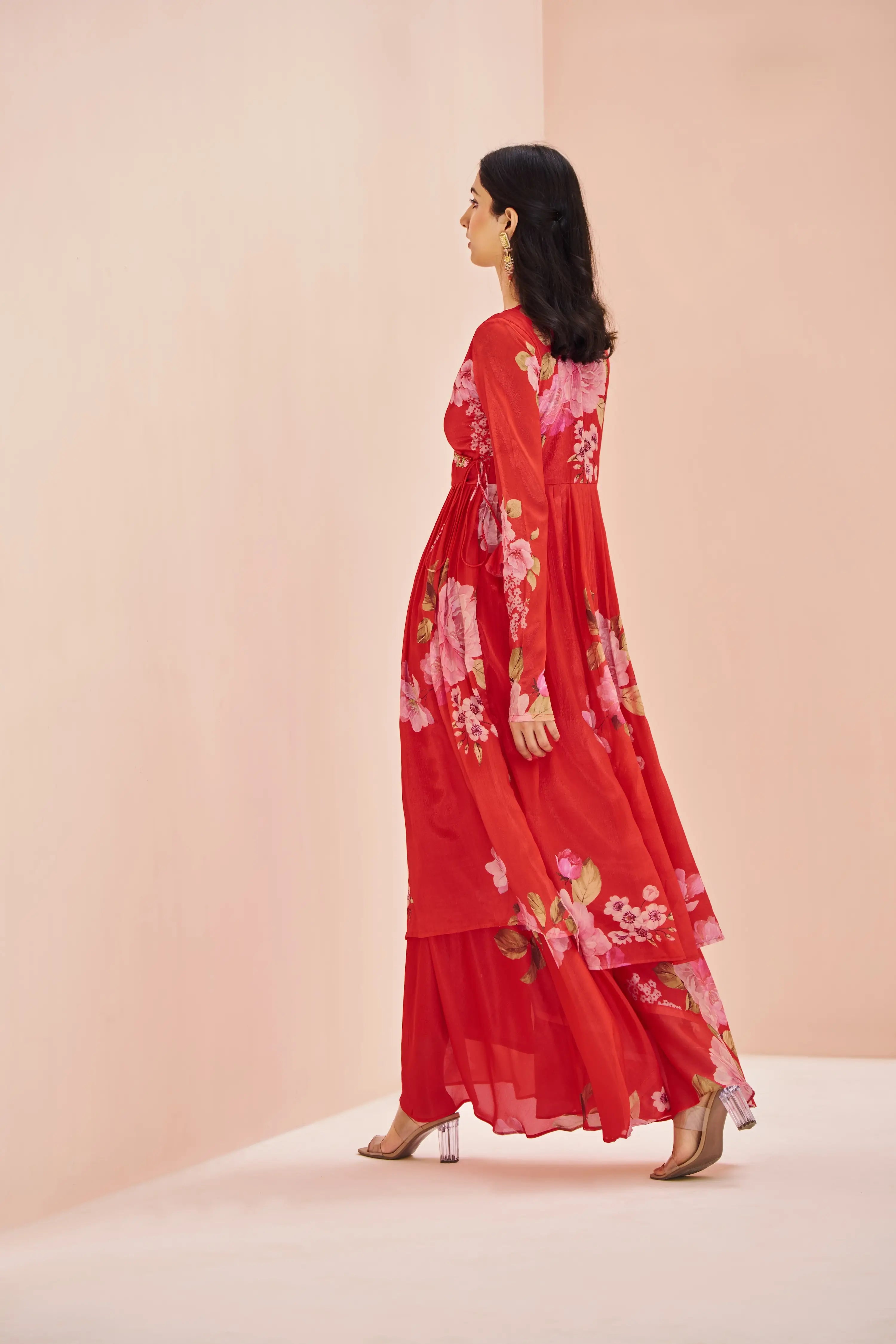 Red Printed Chinon Plazza Pair With Handwork - qivii