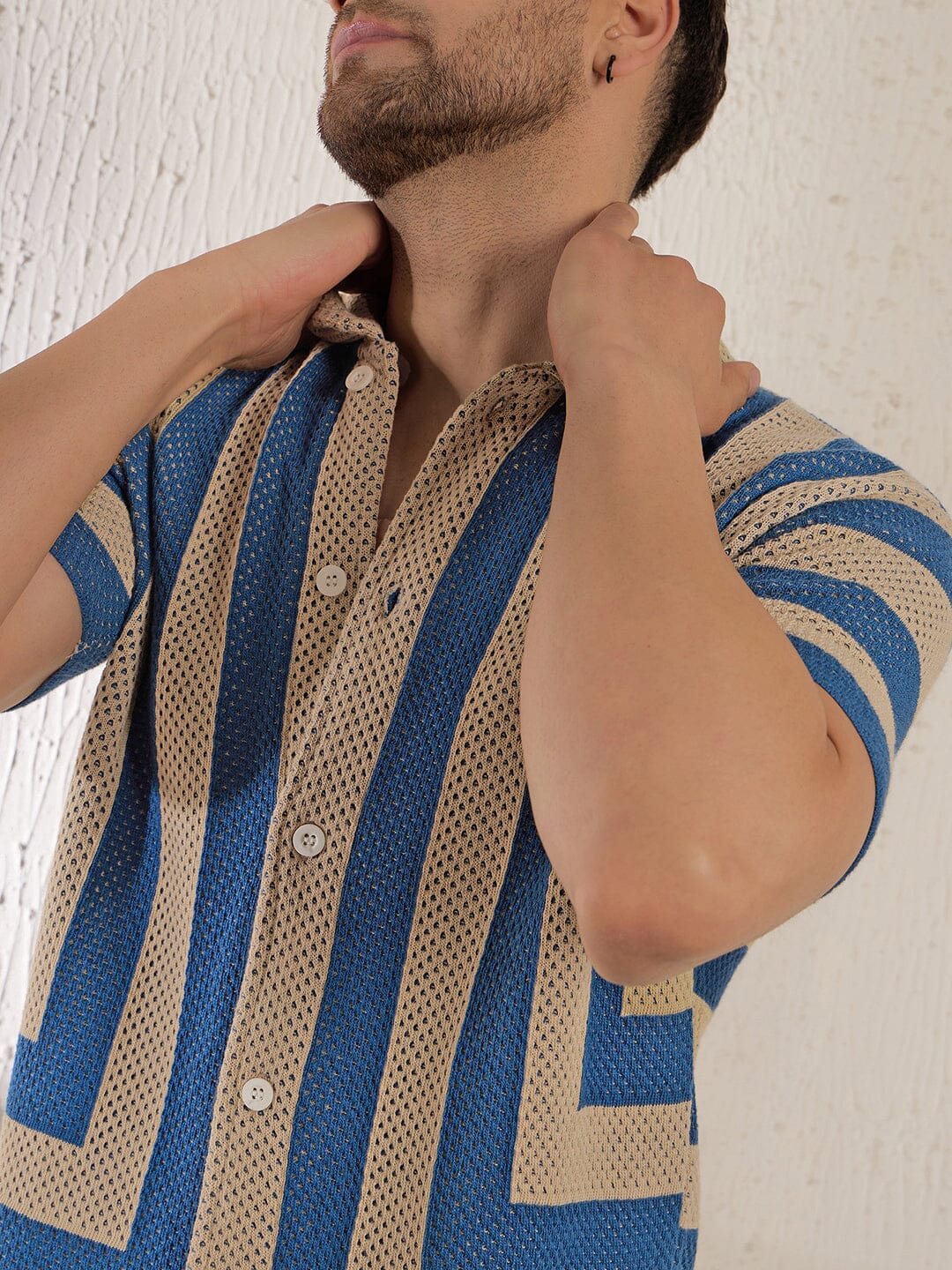 Beige & Blue Striped Crochet Knitted Shirt - qivii