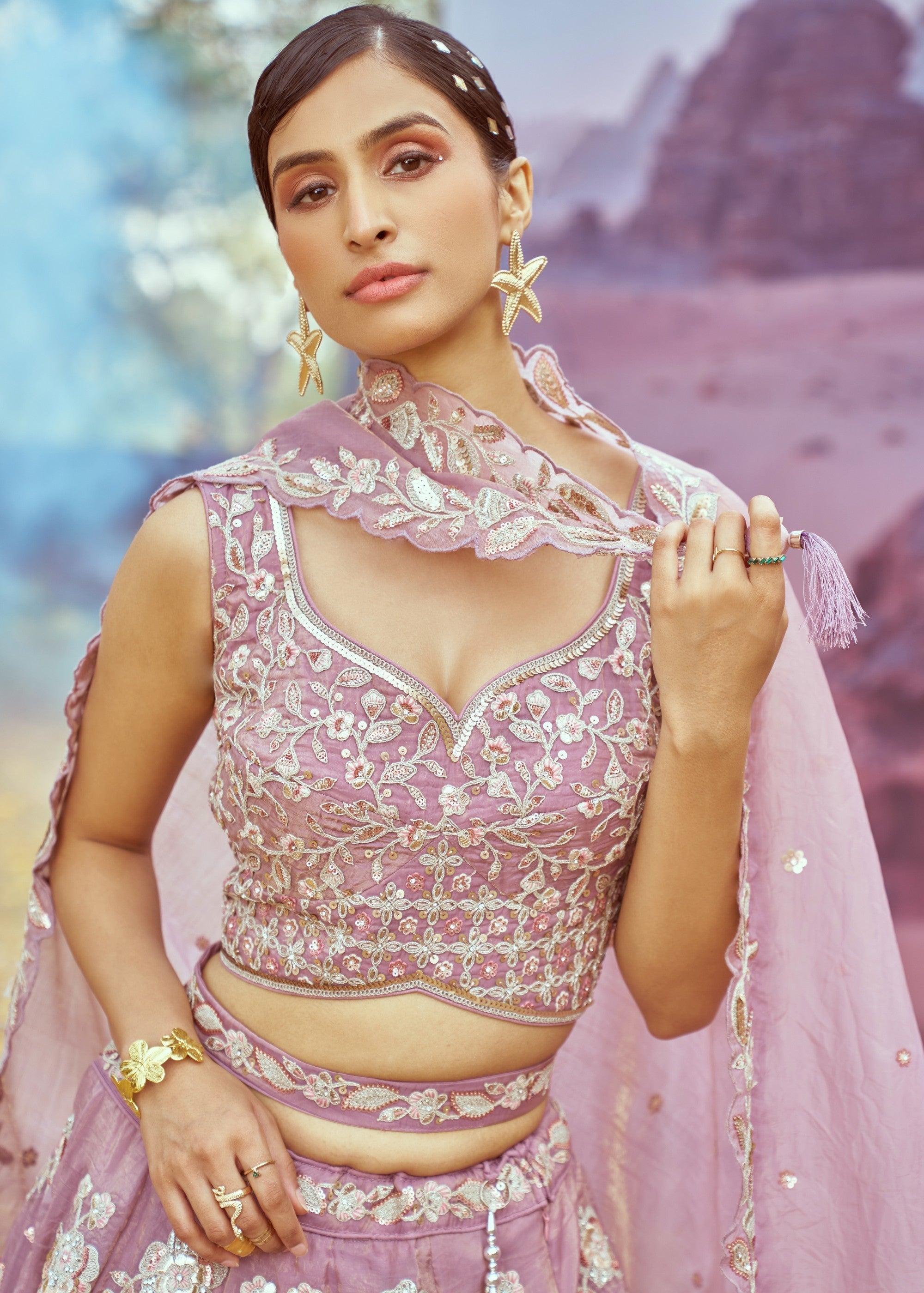 Lavender Organza Sequins embroidery Lehenga | Ready To Wear - qivii