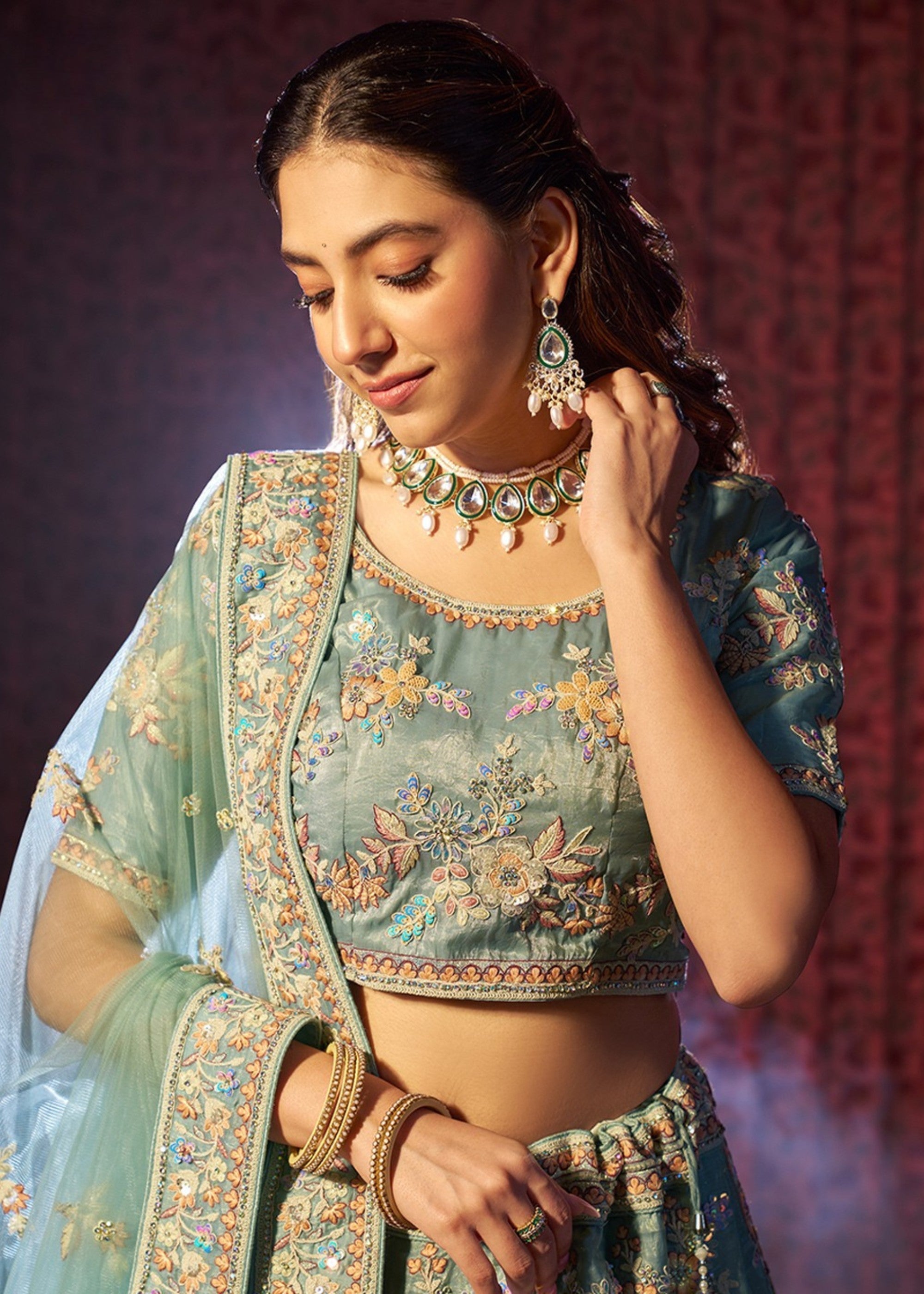 Torquise Dori Sequins Thread work Organza Lehenga | Ready To Wear - qivii