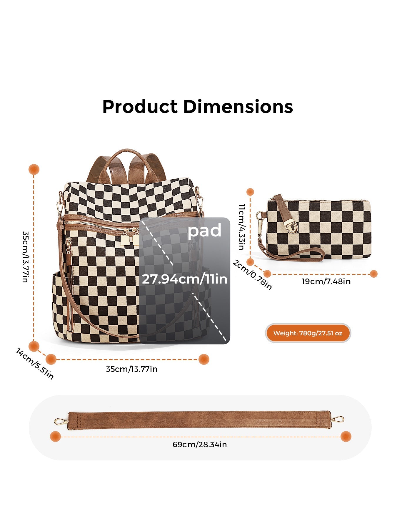 Ounamei Checkered Canvas Backpack Purse for Women with Matching Pouch | Large Capacity Travel & Daily Bag
