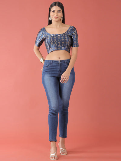 Navy Blue-Toned Polyester Gotta Print Readymade Blouse