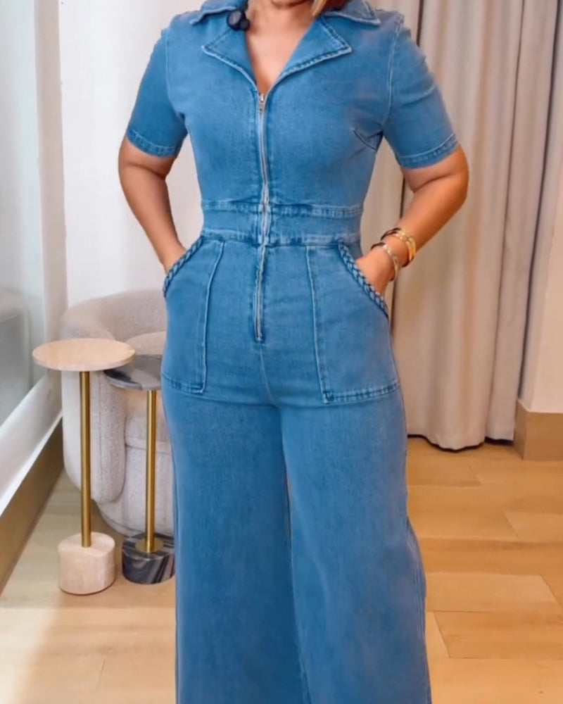Women's Casual Short Sleeve Loose Straight Leg Denim Jumpsuits with Pockets - By Qivii