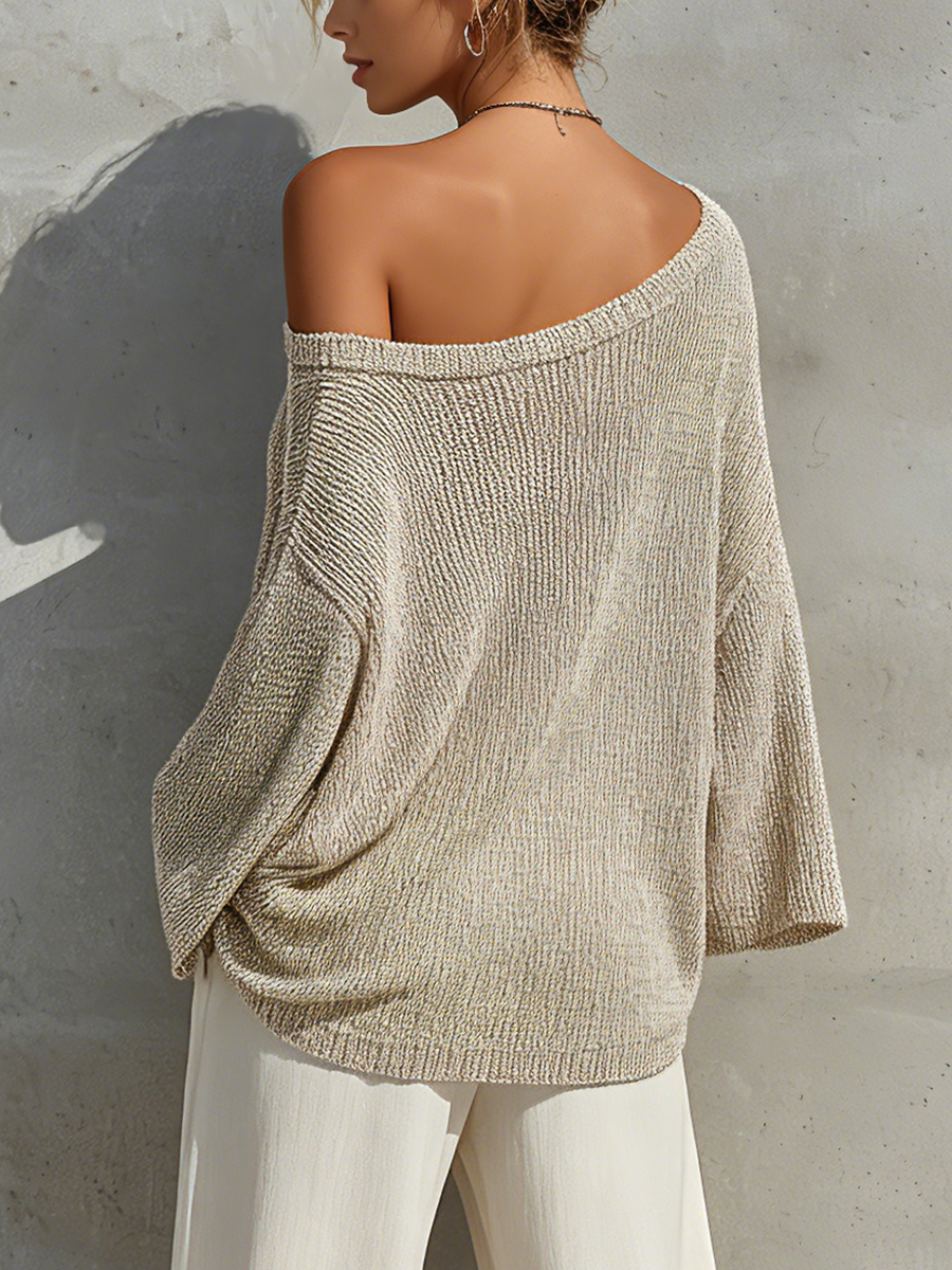 Women's Beige Shimmer Ribbed Knit Off Shoulder Drop Shoulder Three Quarter Sleeve Casual Blouse MDZ1613G0YZJ