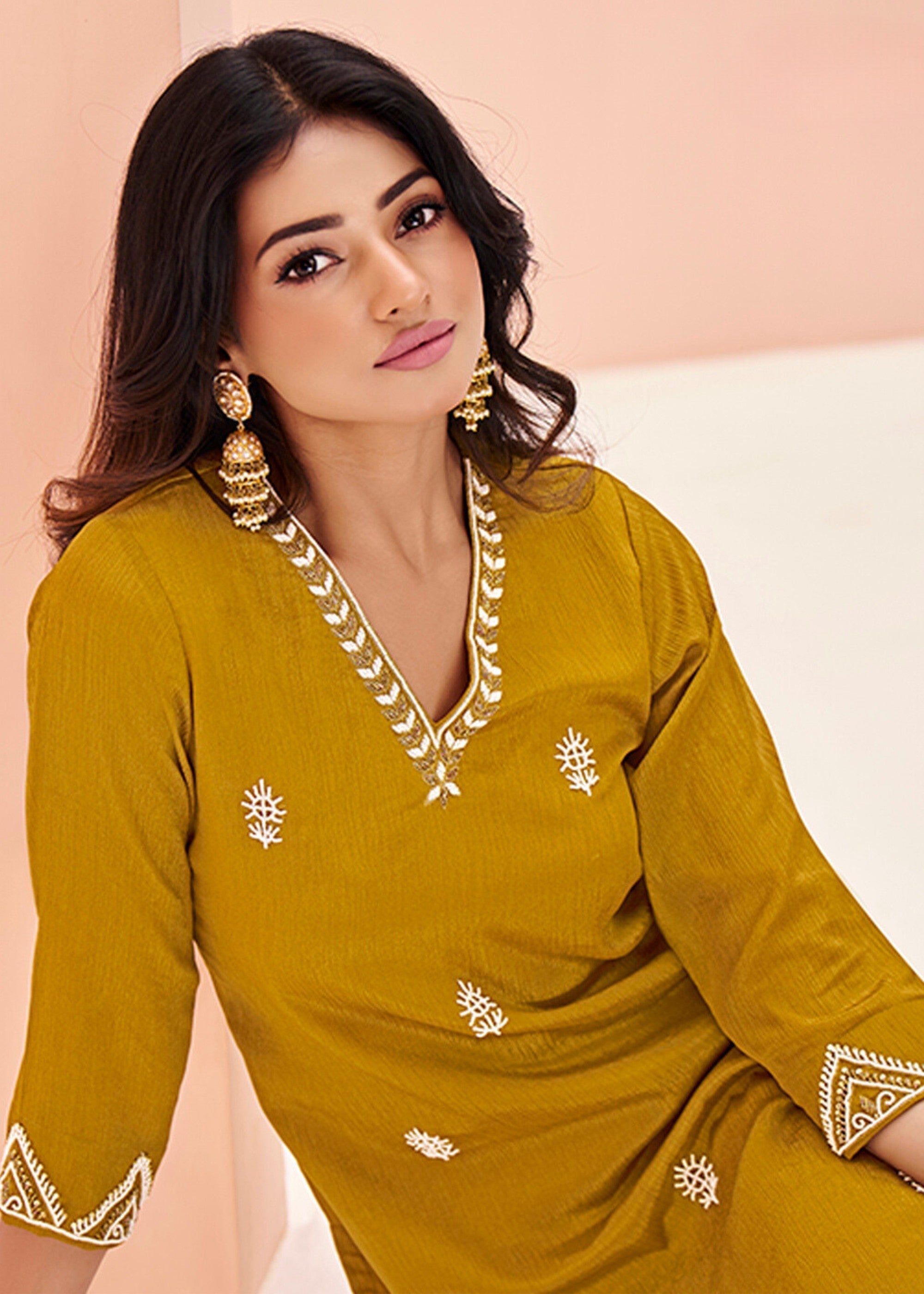 Chinon Mustard Handwork Kurta with Trouser - qivii
