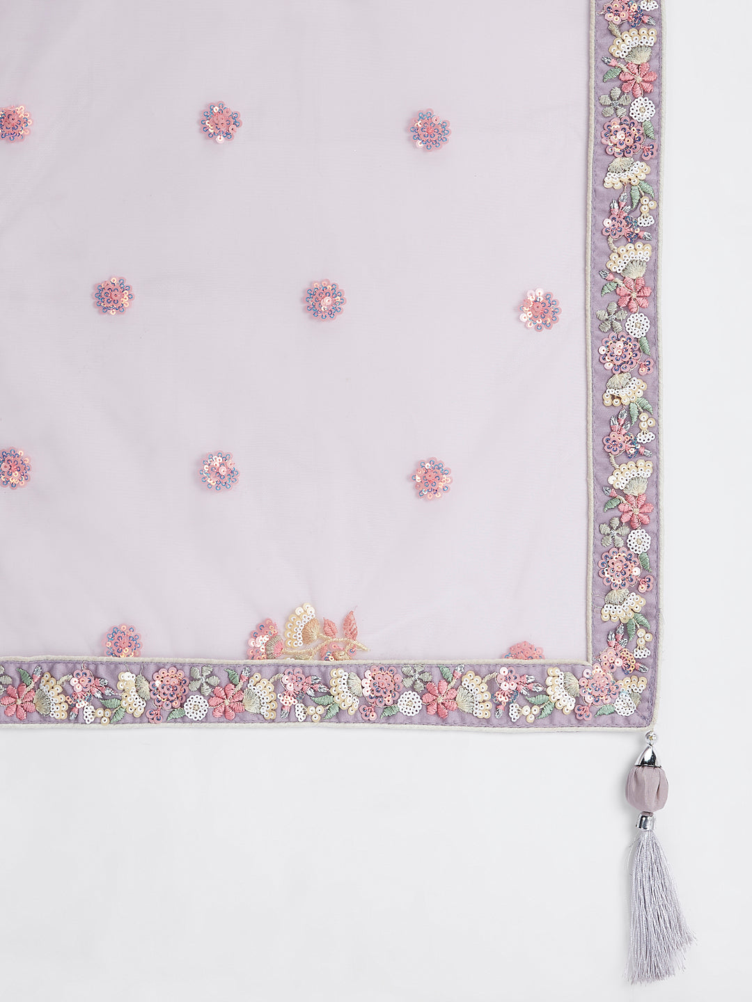 Lavender - Multi-Sequins & Thread Work Embroidery Net Semi-Stitched Lehenga - qivii