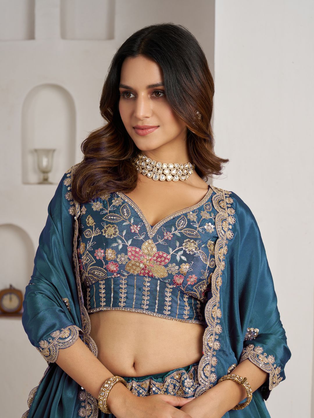 Stunning Sky blue Color Lehenga Choli with Golden Floral Detailing