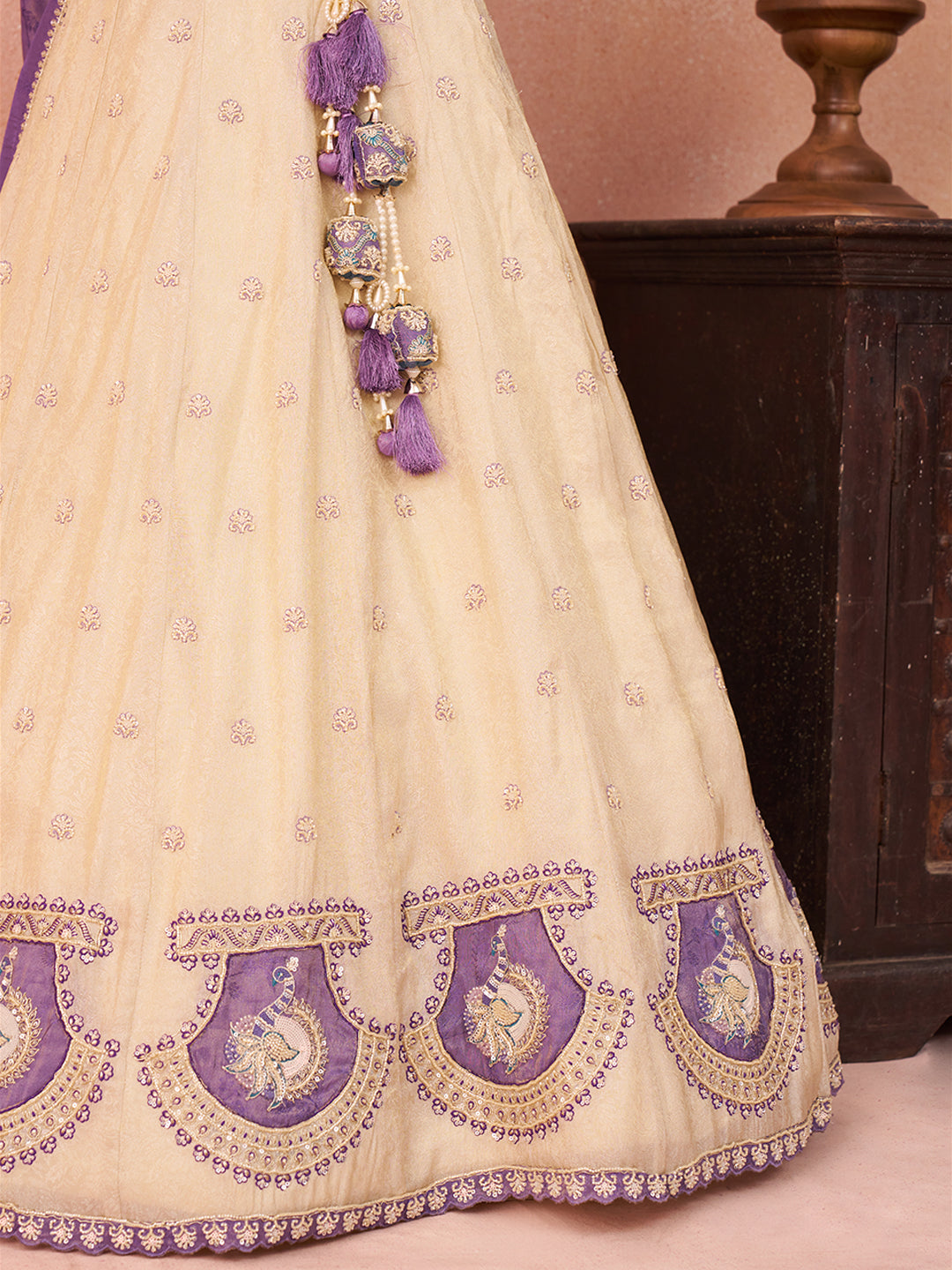 Cream Jacquard Heavy Beads with Sequins Embroidered Lehenga Set