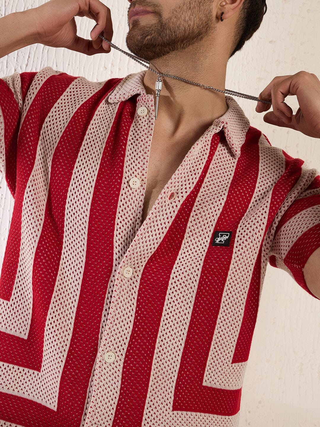 Red Striped Crochet Knitted Shirt