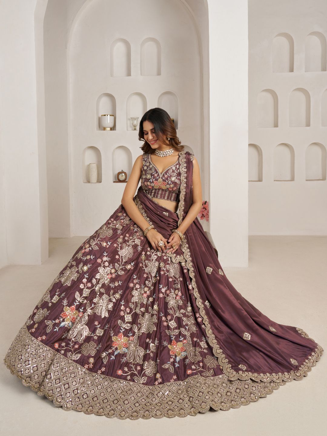 Designer Onion Color Lehenga Choli with Golden Floral Detailing