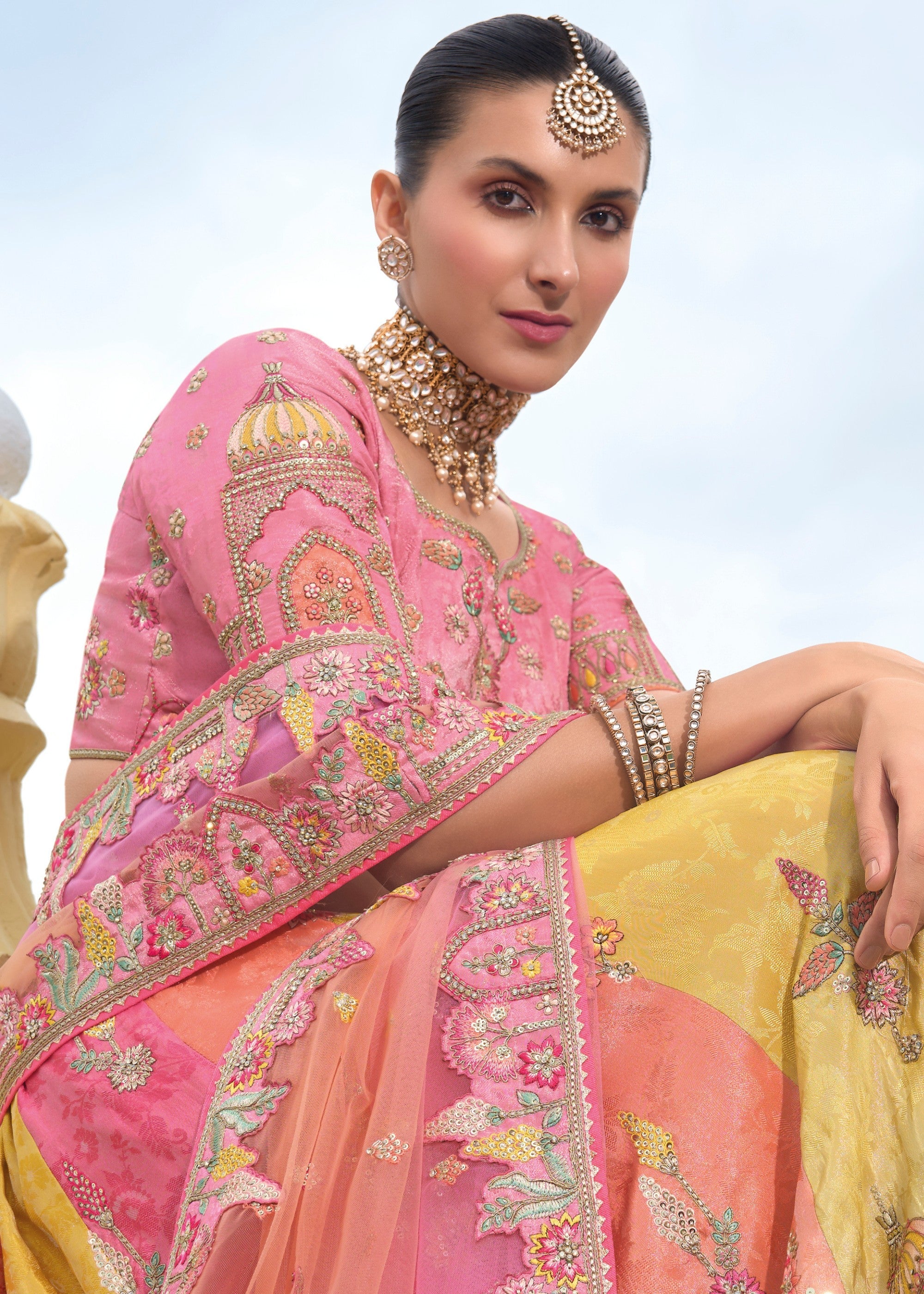 Multicolored Banarasi Silk Lehenga With Heavy Embroidery Work | Ready To Wear - qivii