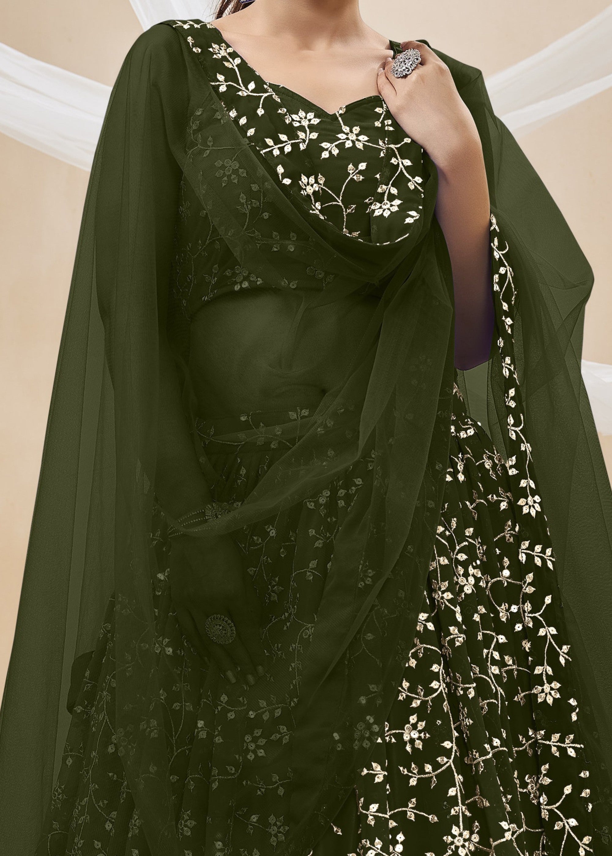 Mehendi Green Georgette Lehenga Choli With Sequins Zari Embroidered Work | Ready To Wear - qivii