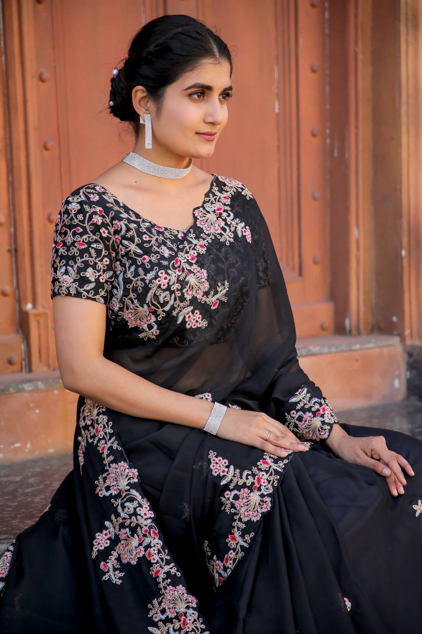 Black Heavy Kasturi silk saree with thread , zari & dori work - INSPIRED - qivii