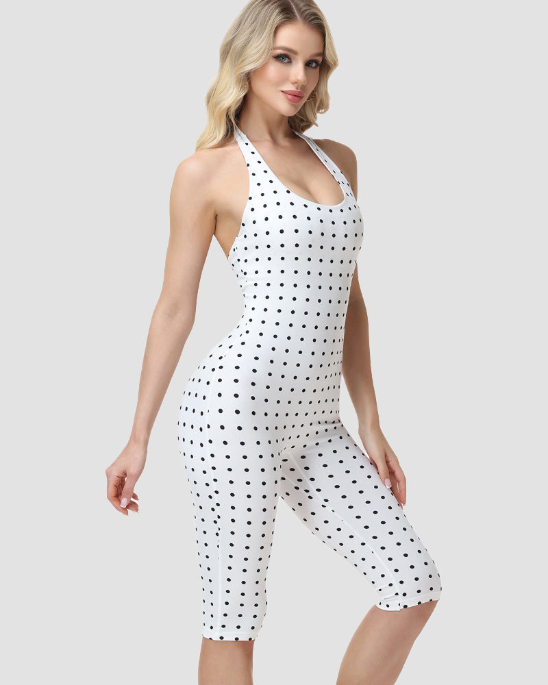 Hourglass Figure Body Shaper Waist Cincher Polka Dot Capri Jumpsuit Two-Piece Set - By Qivii
