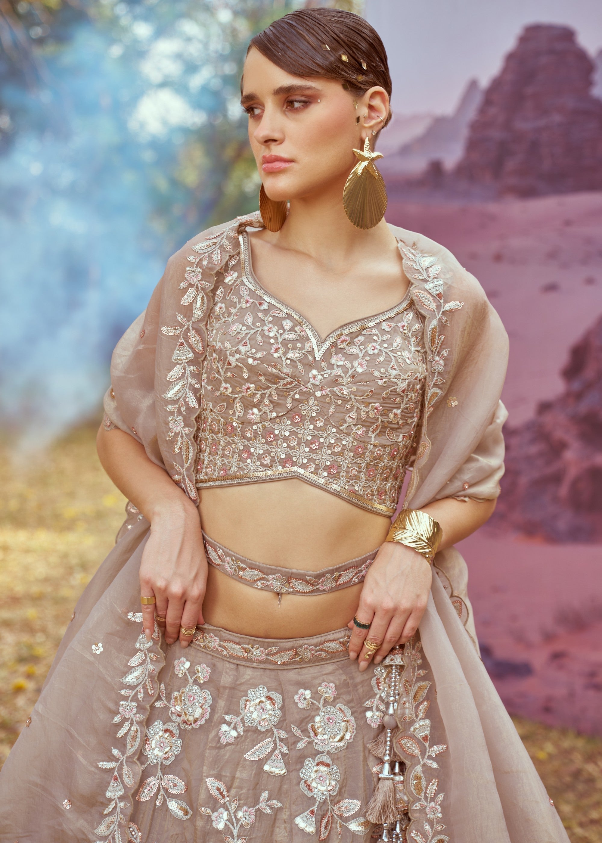 Beige Organza Sequins embroidery Lehenga | Ready To Wear - qivii