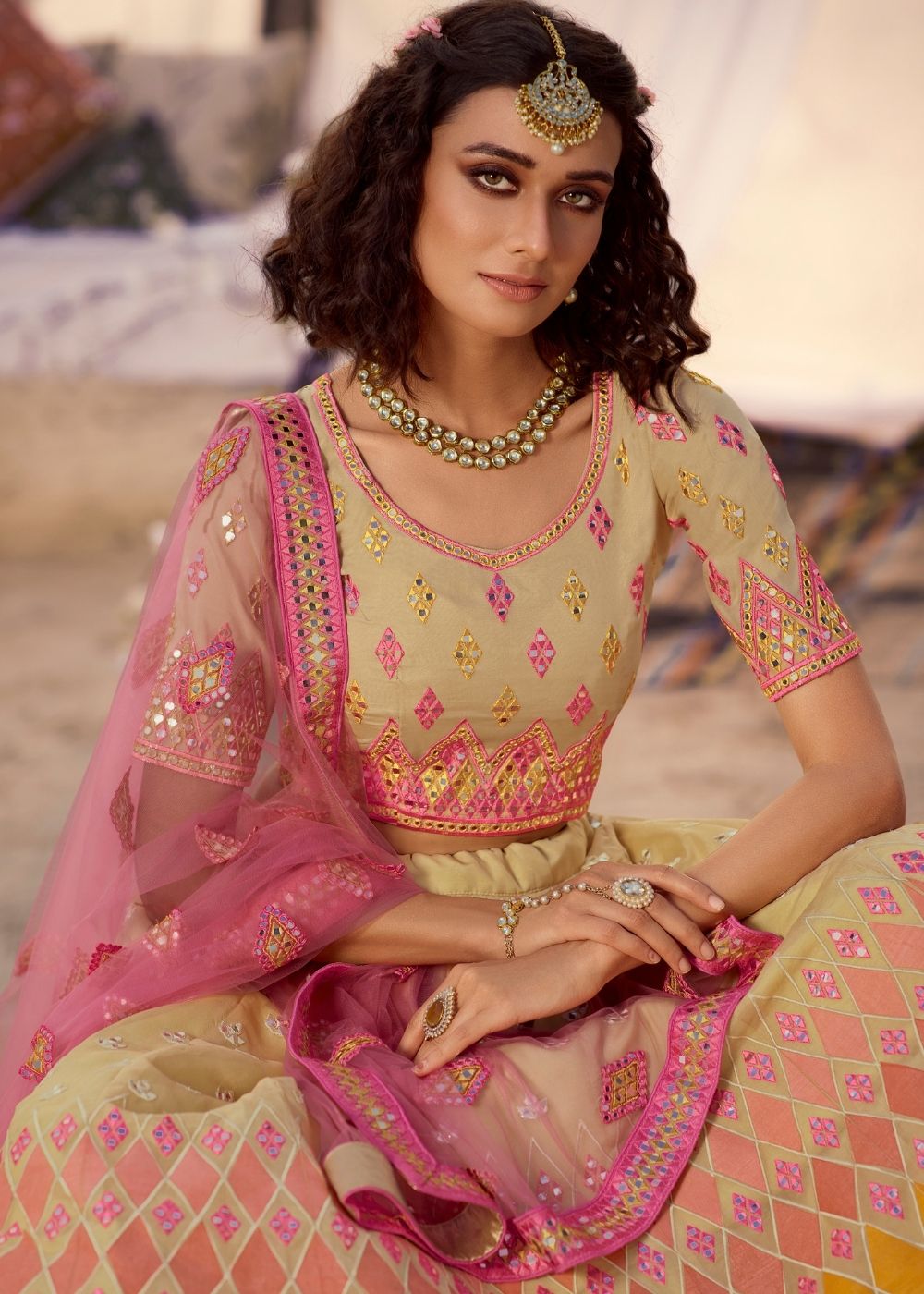 Beige Organza Lehenga Choli with Thread, Foli and Mirror work | Ready To Wear - qivii