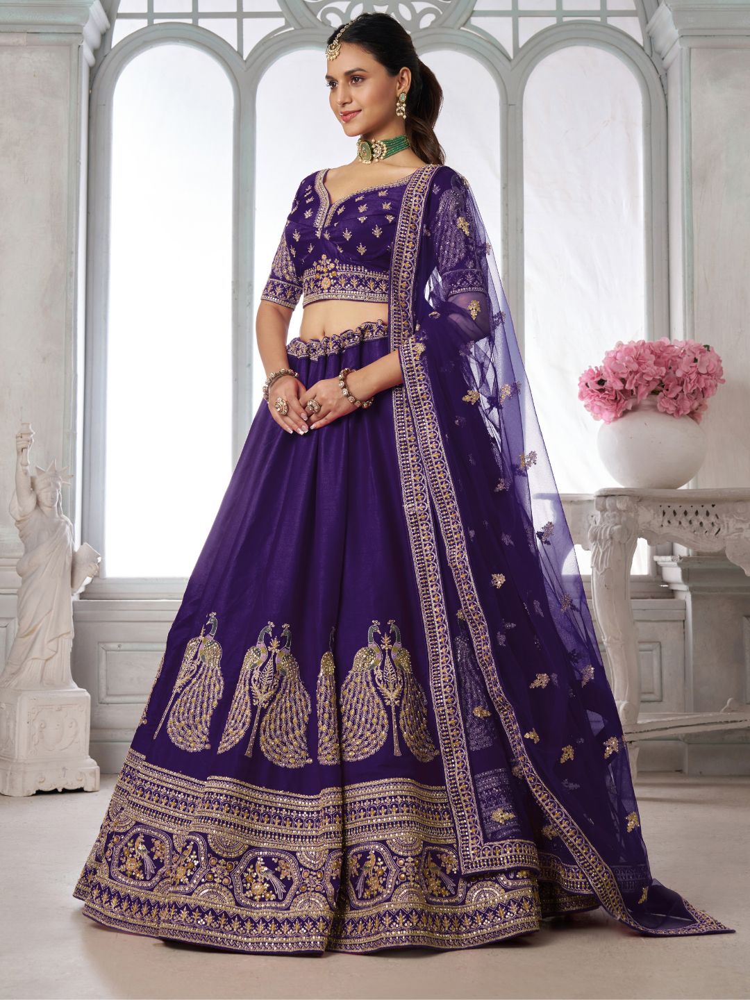 Designer Purple Silk Lehenga Choli with Embroidered Peacock Motifs