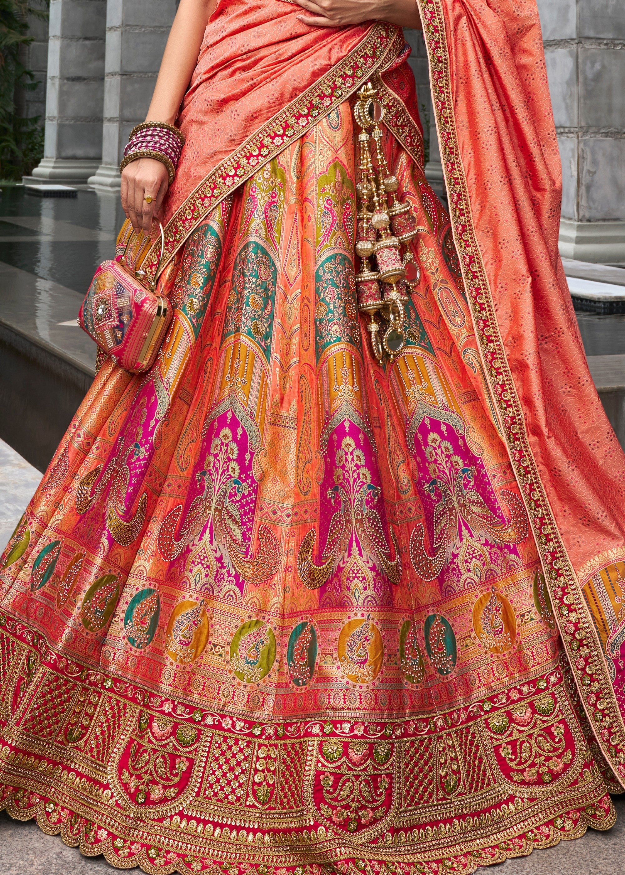 Orange & Pink Banarasi Silk Lehenga with Zarkan Codding work | Ready To Wear - qivii