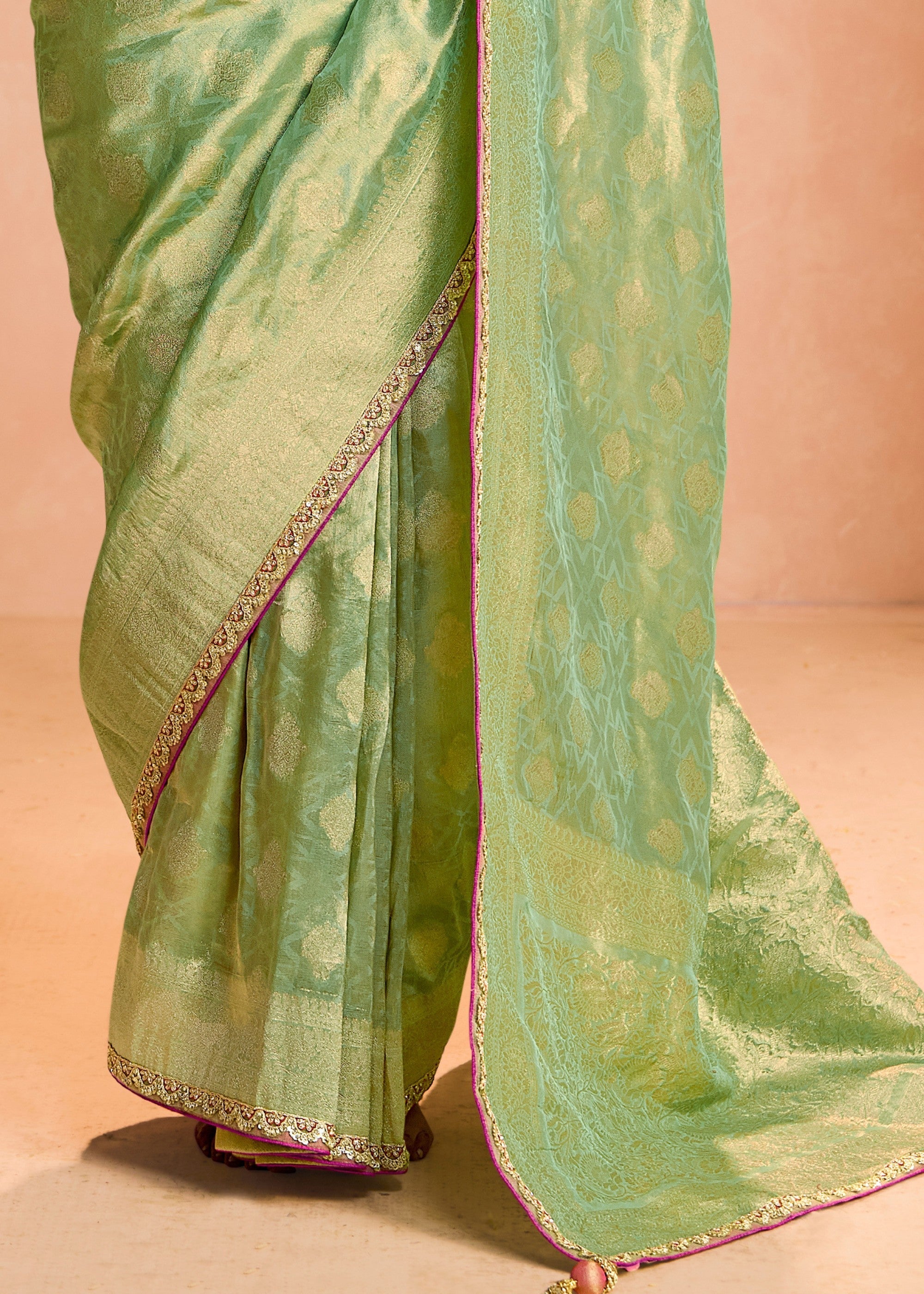 Pastel Green Zari Tissue Silk Saree With Weaving Work And Heavy Embroidery Lace - qivii