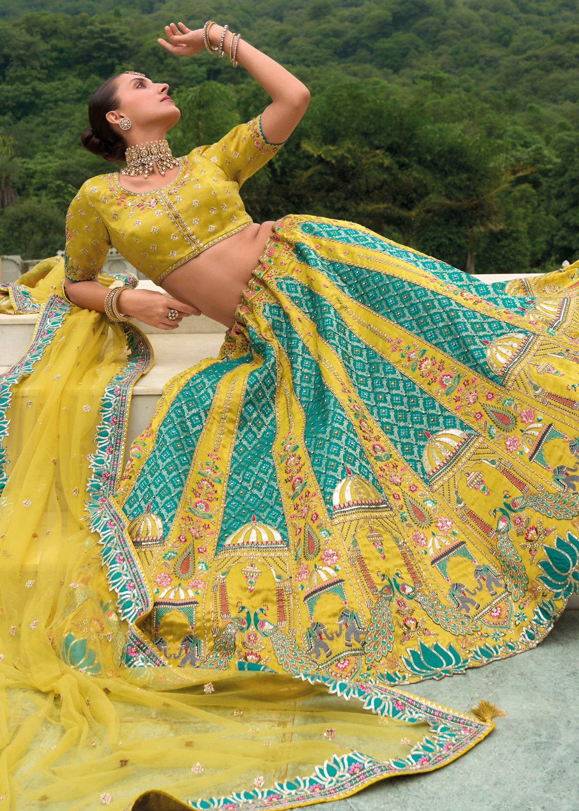 Pear Green Banarasi Silk Lehenga With Heavy Embroidery Work | Ready To Wear - qivii