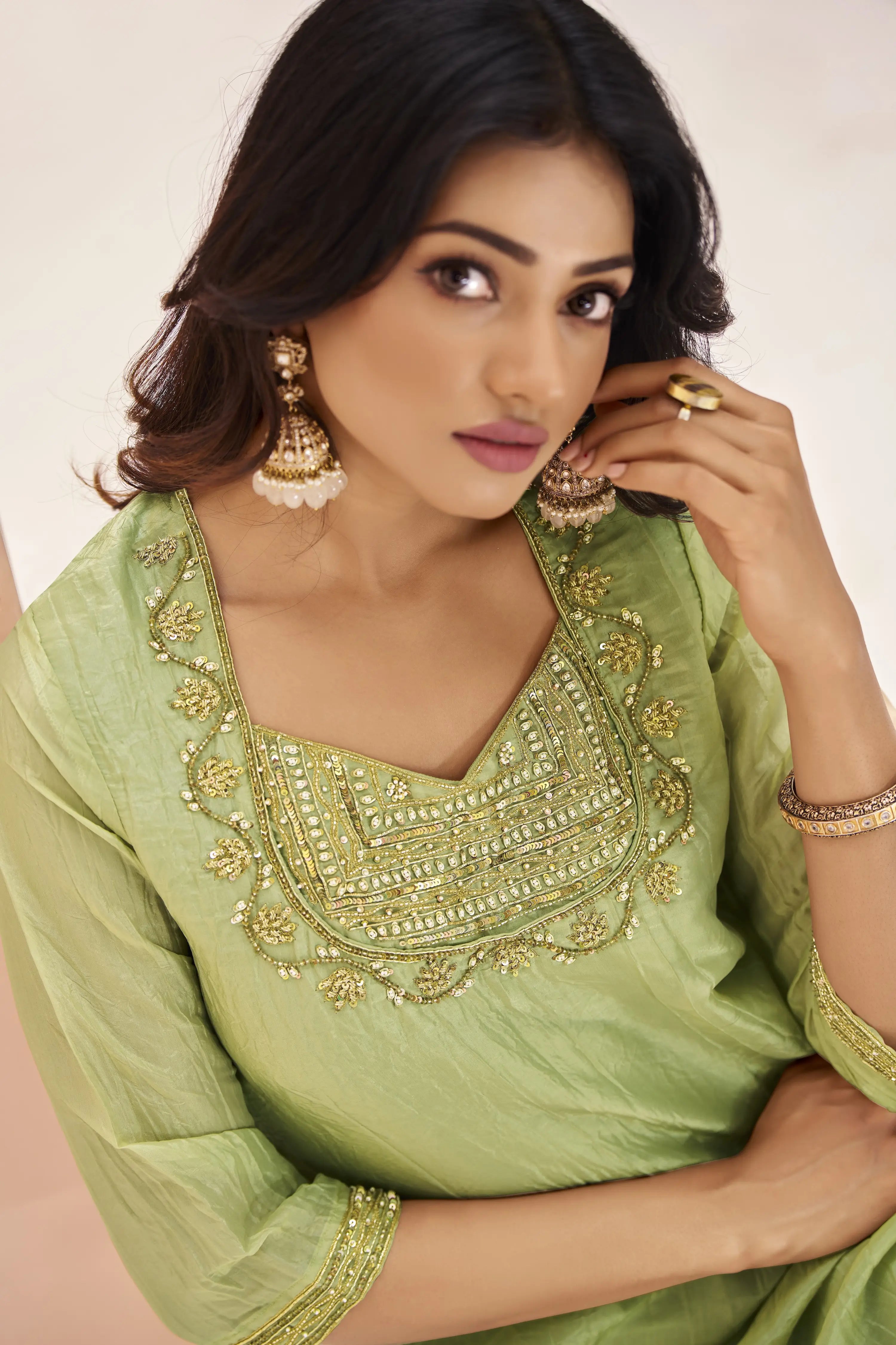Light Green Organza Salwar Suit With Handwork - qivii