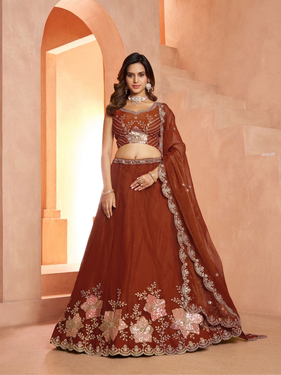 Rust Bridal Lehenga Choli with Intricate Bead and Sequins Embroidery