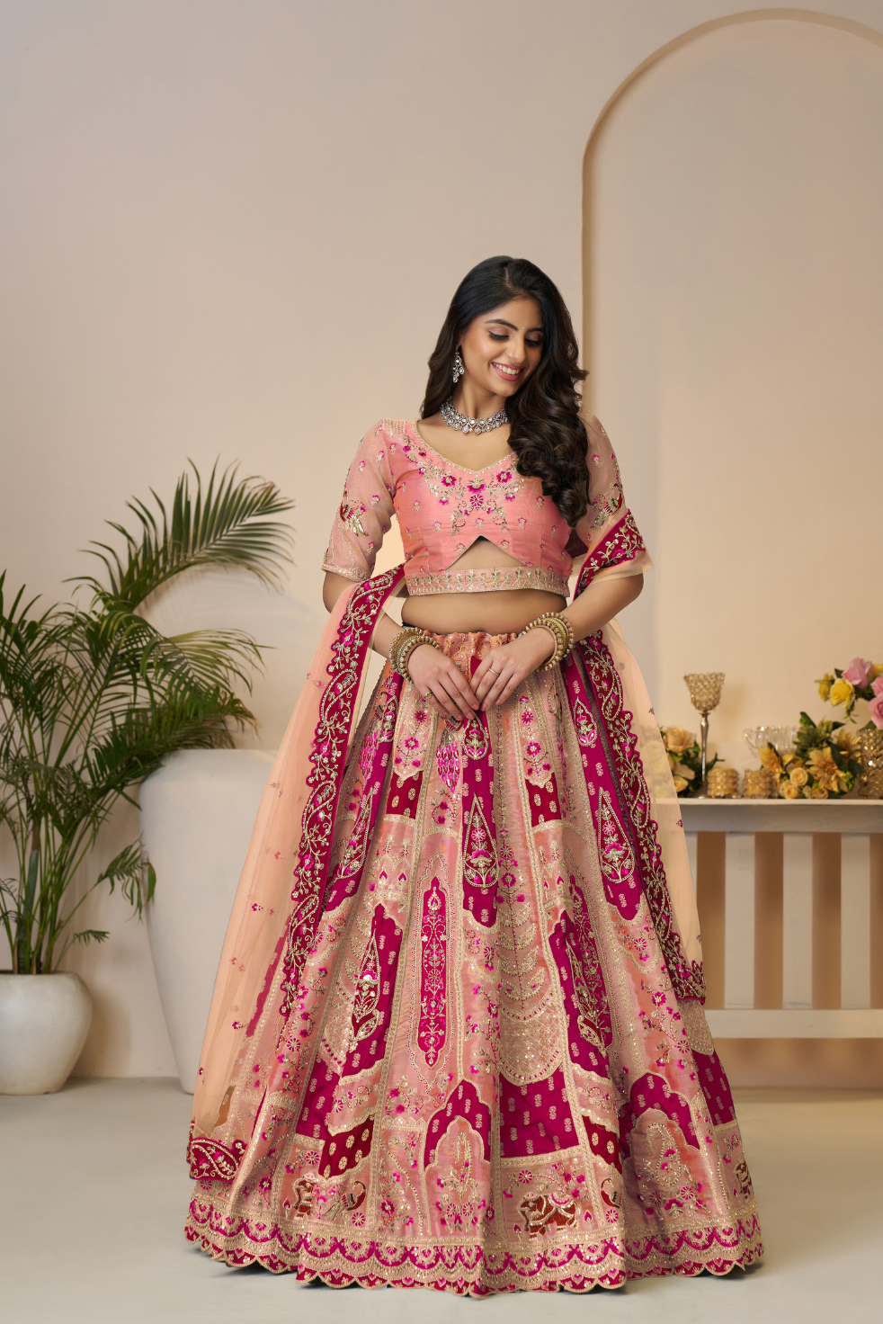 Rajsi Haathi Collection: Orange Banarsi Lehenga with Zari Work - qivii