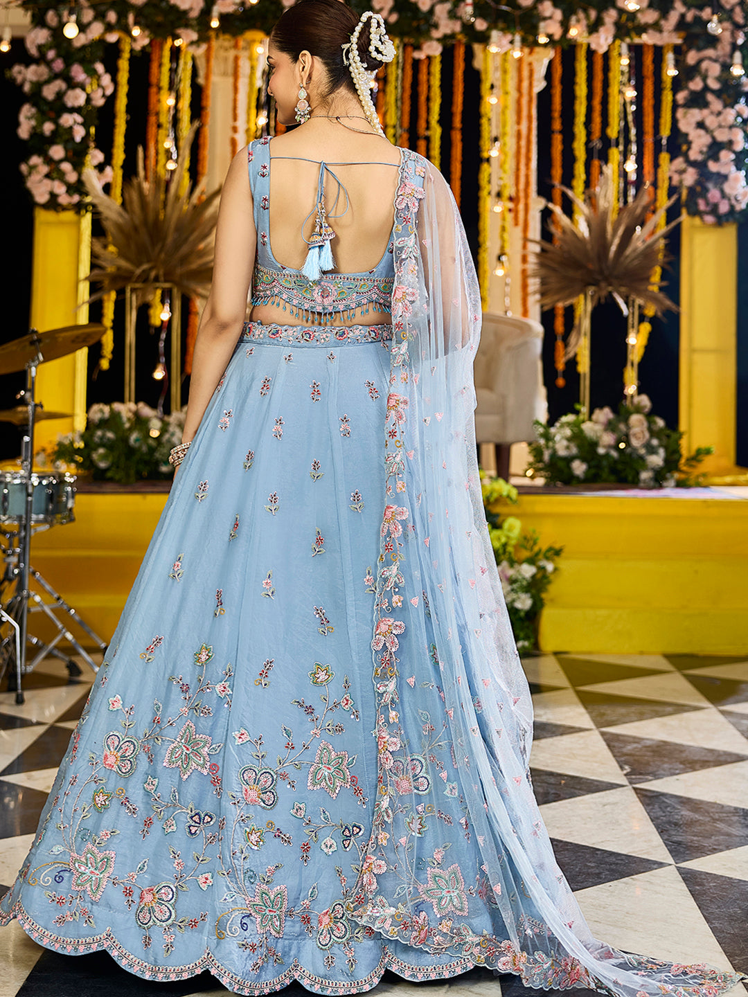 Sky Blue - Satin Silk Fabric Sequinned Embroidered Ready to Wear Lehenga Choli & Dupatta
