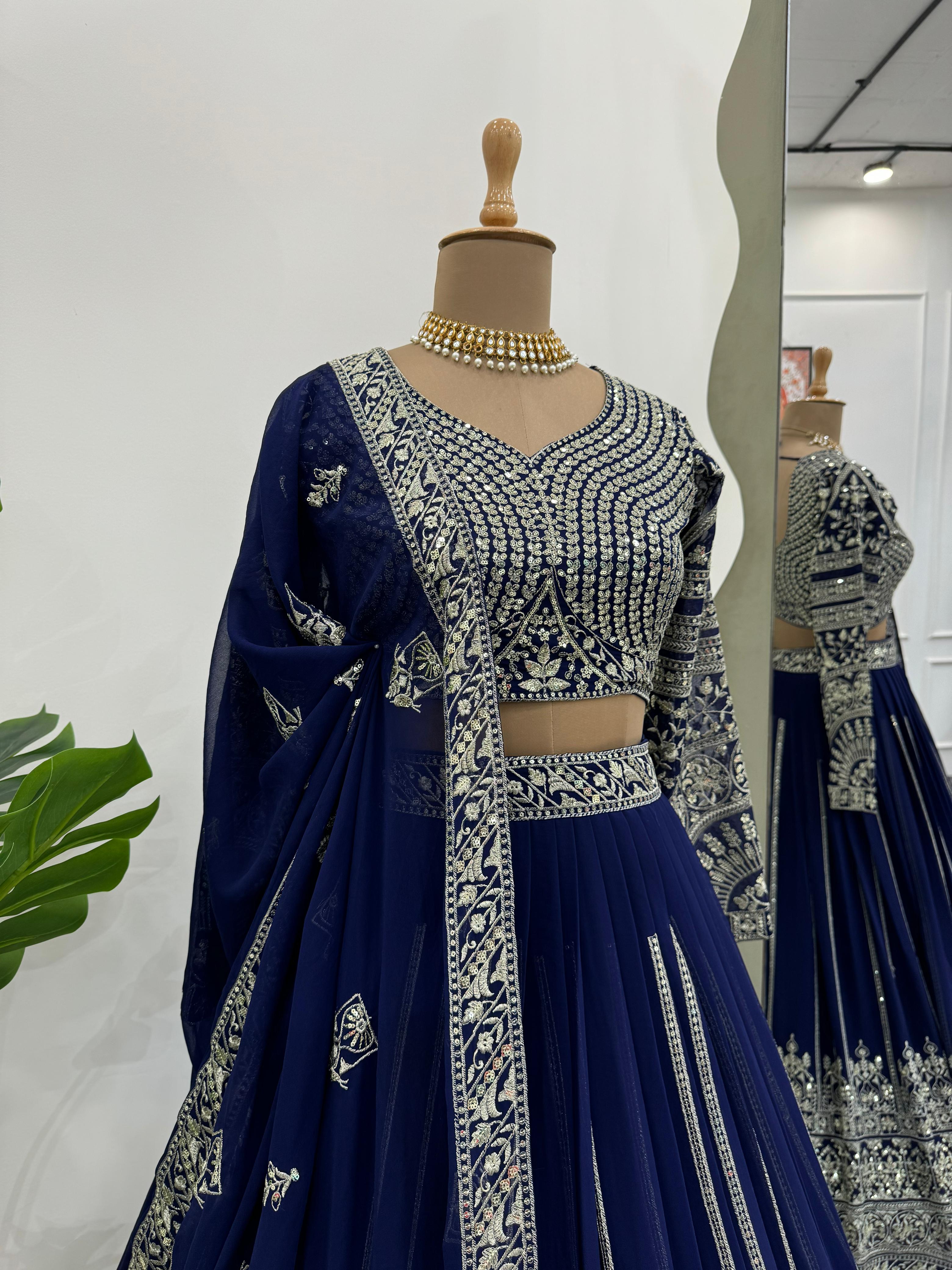 Navy Blue Foux Gorgette Thread with Sequnce Lehenga Choli - INSPIRED | Ready To Wear - qivii