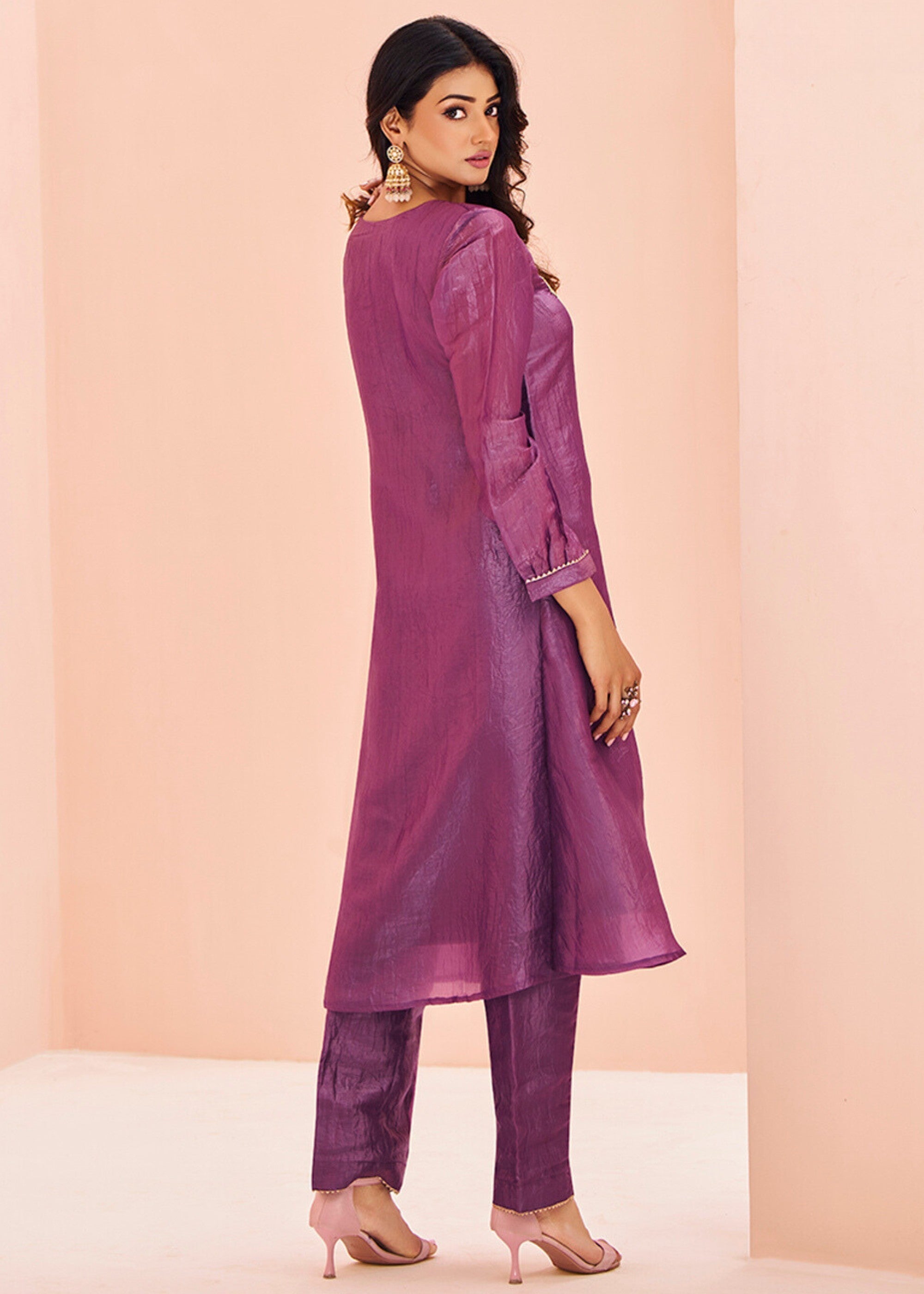 Purple Organza Handwork Kurta with Pant - qivii
