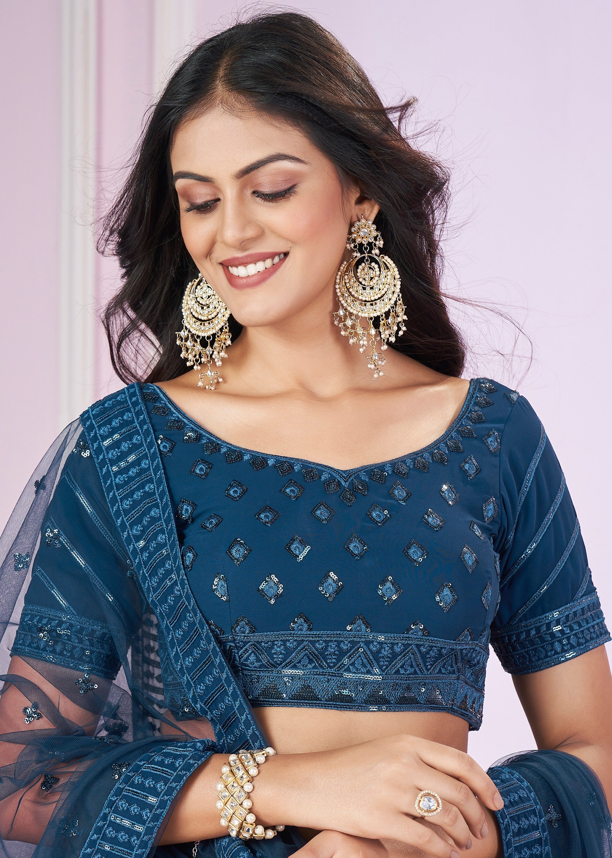 Teal Blue Georgette Lehenga Choli With Sequins And Thread Embroidery Work | Ready To Wear - qivii
