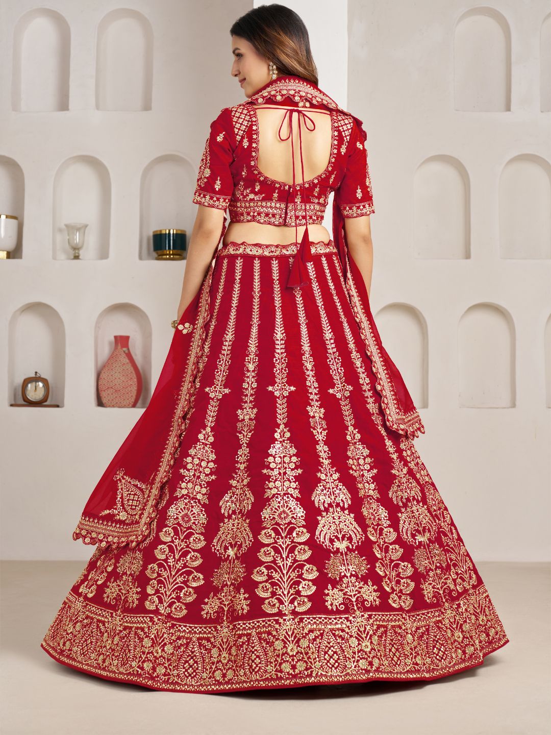 Red Wedding Lehenga Adorned with Floral Zari Embroidery
