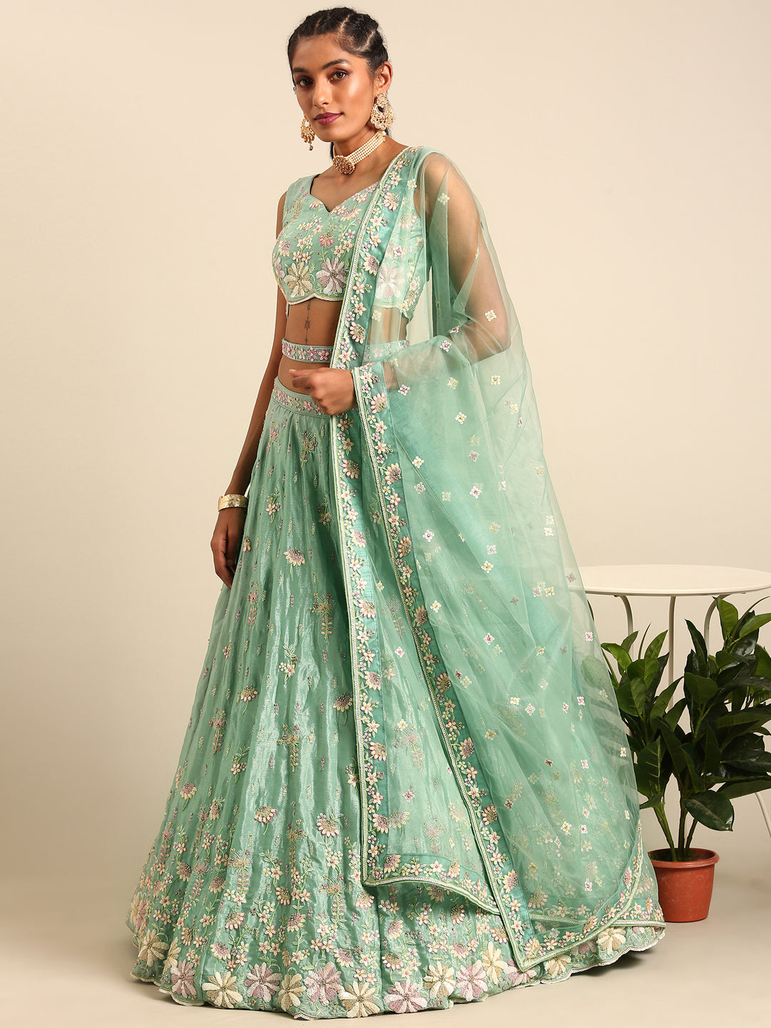 Seagreen - Georgette Sequins with Heavy Zarkan Embroidery Lehenga choli