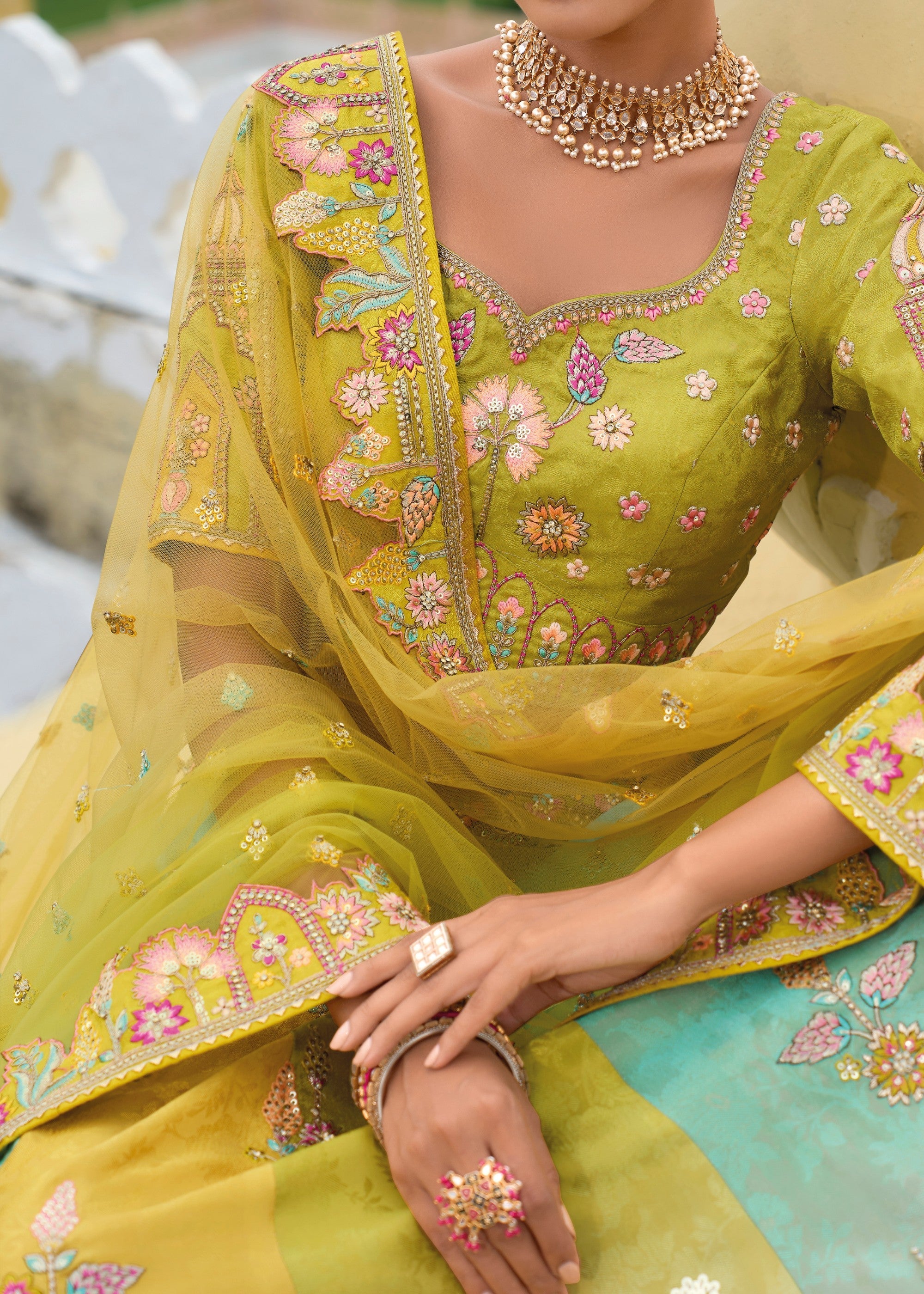 Lime Green Banarasi Silk Lehenga With Heavy Embroidery Work | Ready To Wear - qivii