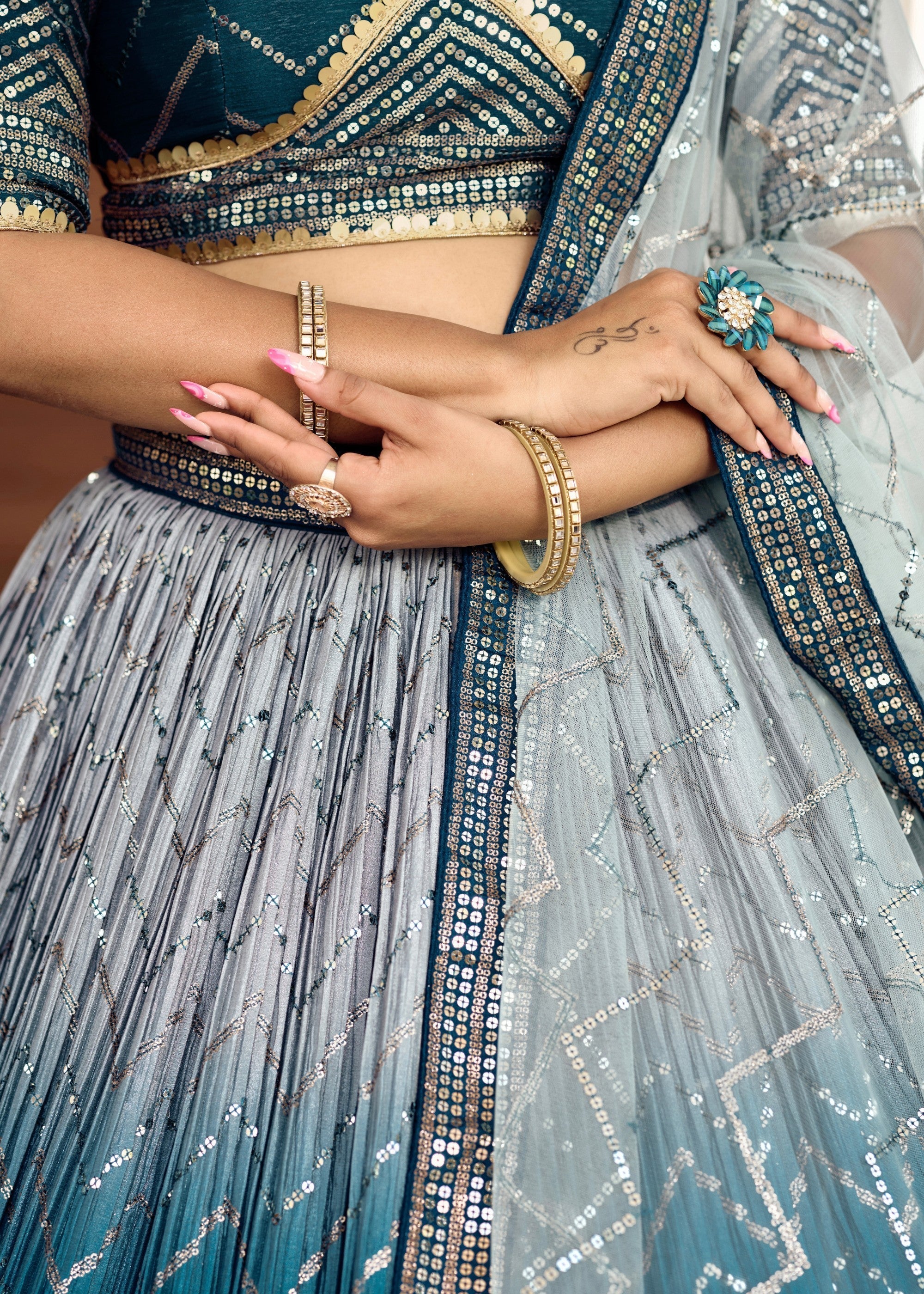 Turquoise Blue Chinon Silk Lehenga With Sequence and Thread Embroidery Work | Ready To Wear - qivii