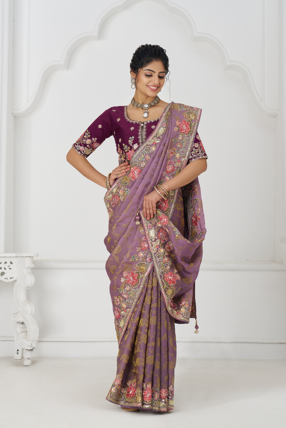 Bloom In Style: Mauve With Vibrant Thread Work & Floral Motifs - qivii