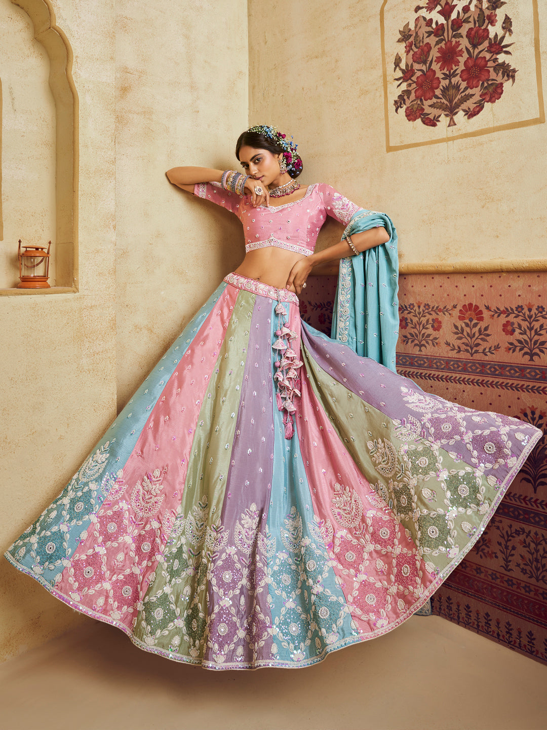 Turquoise Blue Color Poly Chiffon Fabric Sequins embroidery Lehenga choli & Dupatta - qivii