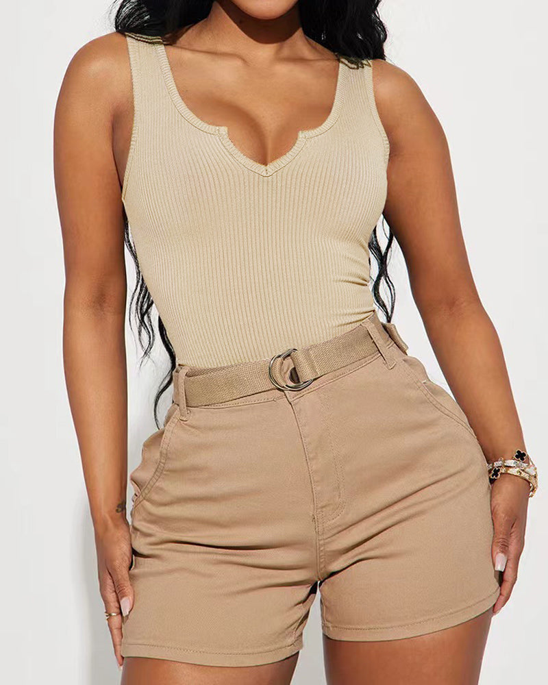 Solid Notched Neck Ribbed Sleeveless One Piece Bodysuit Shapewear - By Qivii
