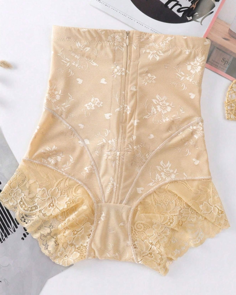 Women's High Waist Floral Lace Zipper Tummy Control Shapewear Panties - By Qivii