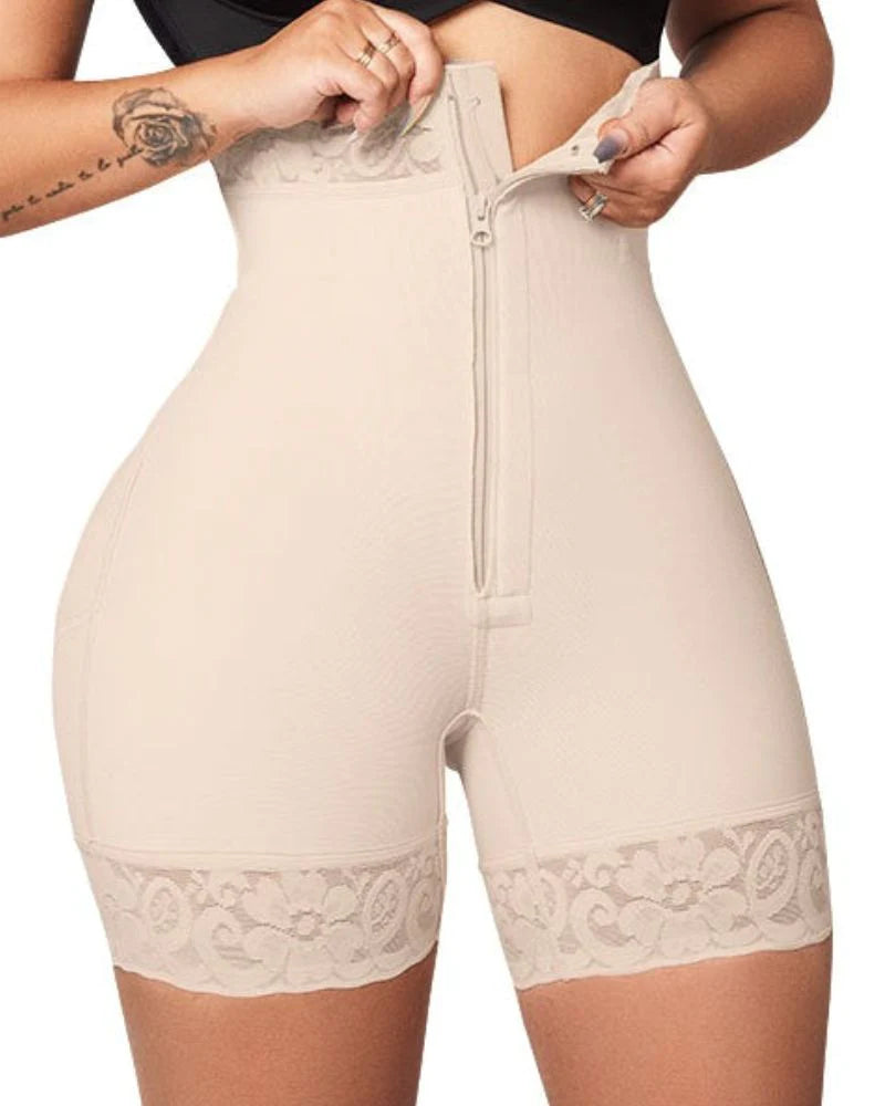 Shapshe® High Waist Butt Lift Shaper Zipper Short With Lace Trim