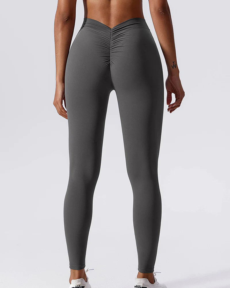 Sculpting V-Back Ruched Leggings Peach Butt Lifting Yoga Pants - By Qivii