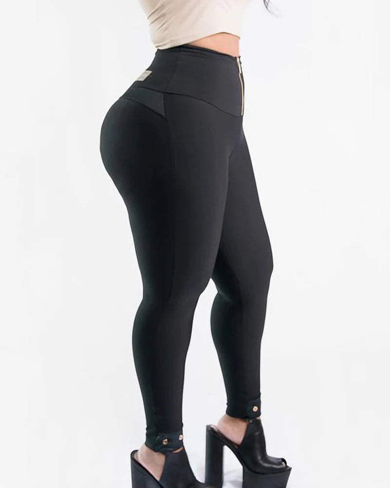 High Waisted Tummy Control Butt Lifting Leggings Comfy Stretch Slimming Skinny Pants with Zipper - By Qivii