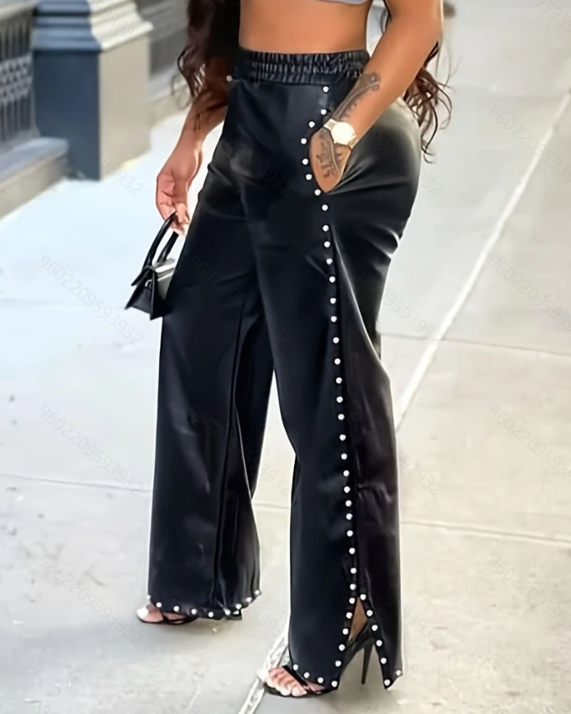 Beaded Loose Wide-leg Leather Pants - By Qivii
