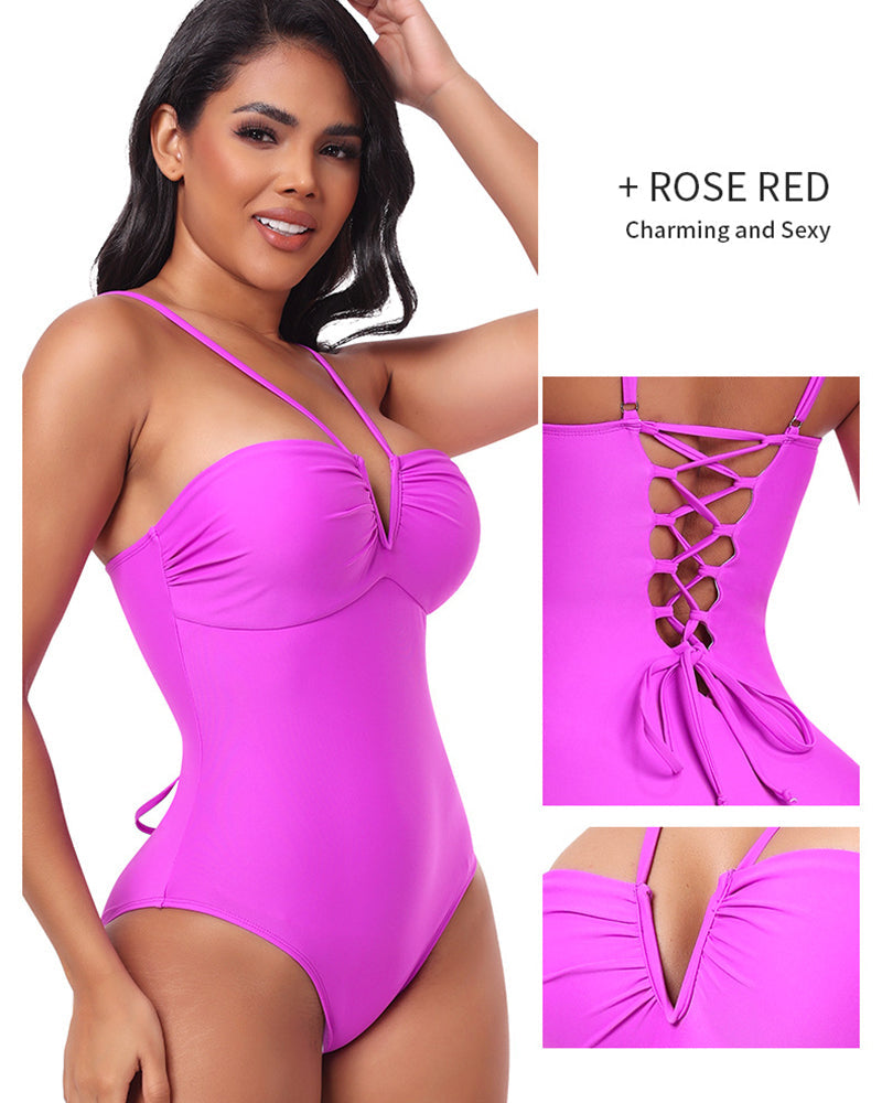 Sexy Strappy Triangle V-shaped Halter Neck One-piece Body Shaping Swimsuit - By Qivii
