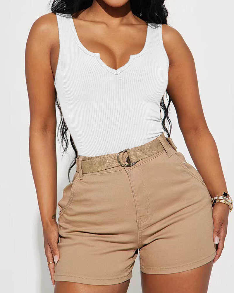 Solid Notched Neck Ribbed Sleeveless One Piece Bodysuit Shapewear - By Qivii