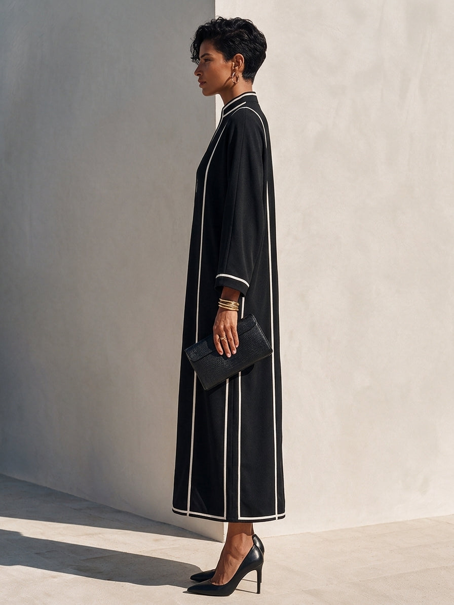 Women's Cotton-Blend Maxi Dress With Stand Collar And Contrast Piping MDZ0214I2ZRK