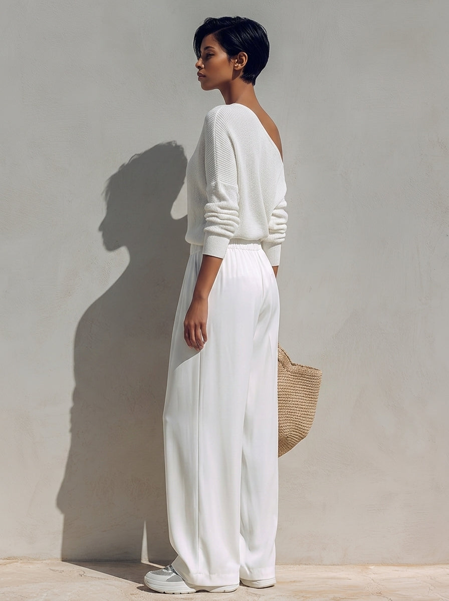 Women's Asymmetric One-Shoulder Knit Top & Wide-Leg Trousers Set MDZ1424H6ZRK